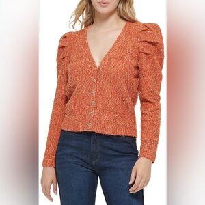 Karl Lagerfeld Paris Puff Sleeve Confetti Cardigan Sweater Orange Size Medium